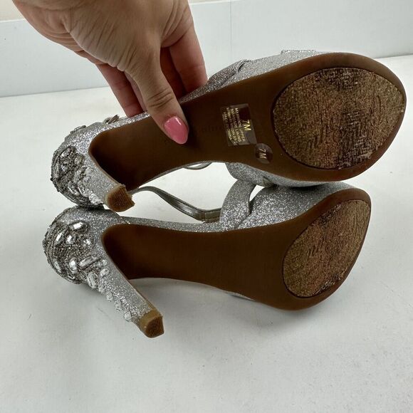 Gianni Bini Silver Glitter Beaded Rhinestone Platform Peep Toe Stiletto Heel 7.5 - Picture 8 of 10